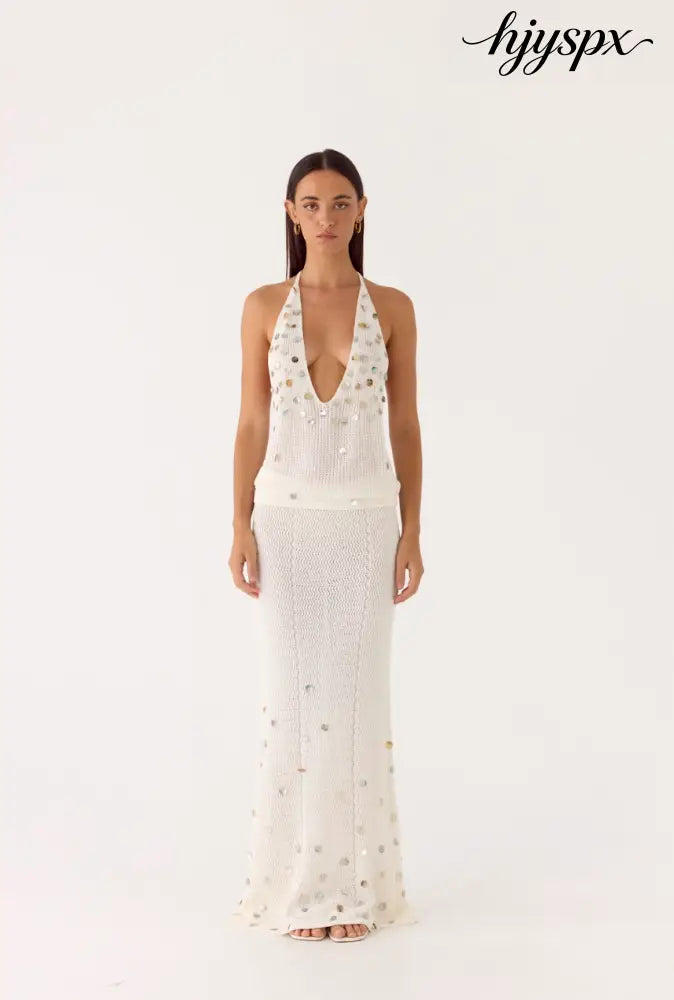 Adelaida Beaded Crochet Maxi Skirt - Ivory - Knit Skirts