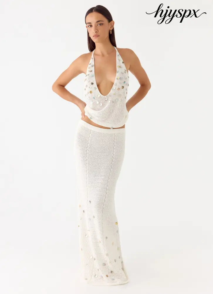 Adelaida Beaded Crochet Maxi Skirt - Ivory - Knit Skirts