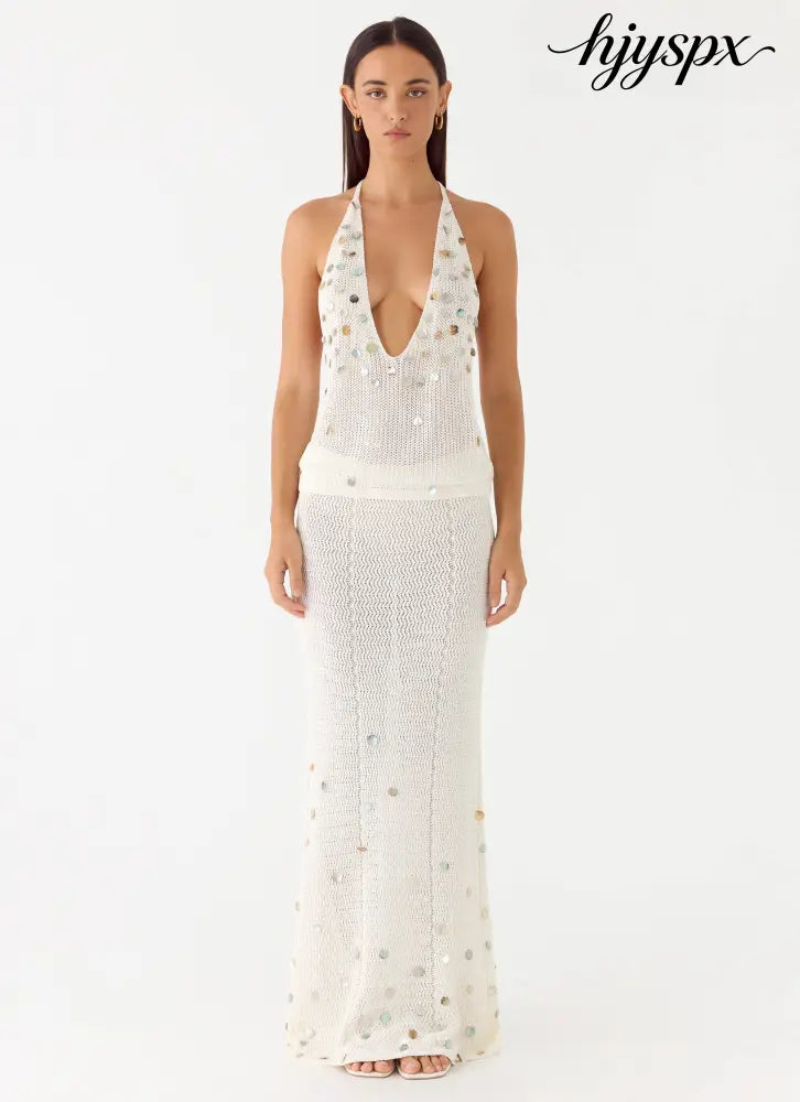 Adelaida Beaded Crochet Maxi Skirt - Ivory - Knit Skirts