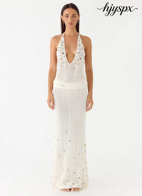 Adelaida Beaded Crochet Maxi Skirt - Ivory - Knit Skirts
