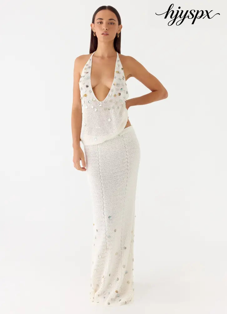 Adelaida Beaded Crochet Maxi Skirt - Ivory - Knit Skirts