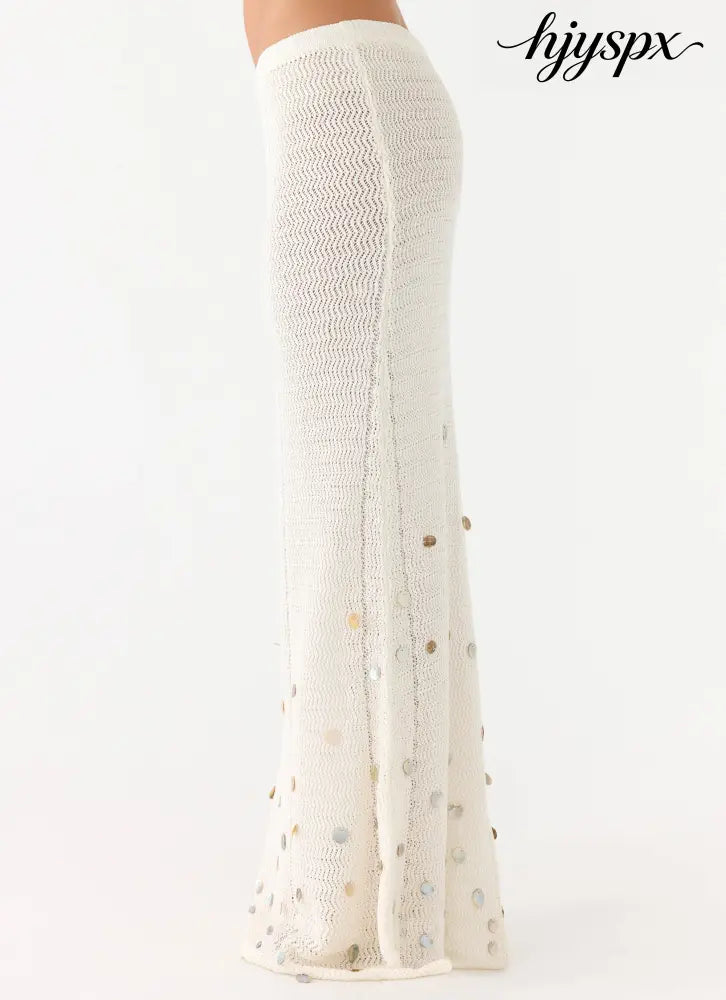 Adelaida Beaded Crochet Maxi Skirt - Ivory - Knit Skirts