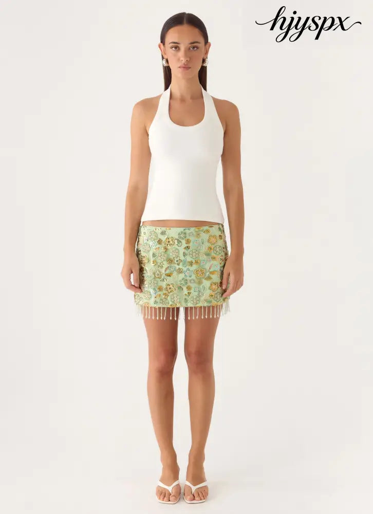 Bliss Beaded Mini Skirt - Lime - Mini Skirts