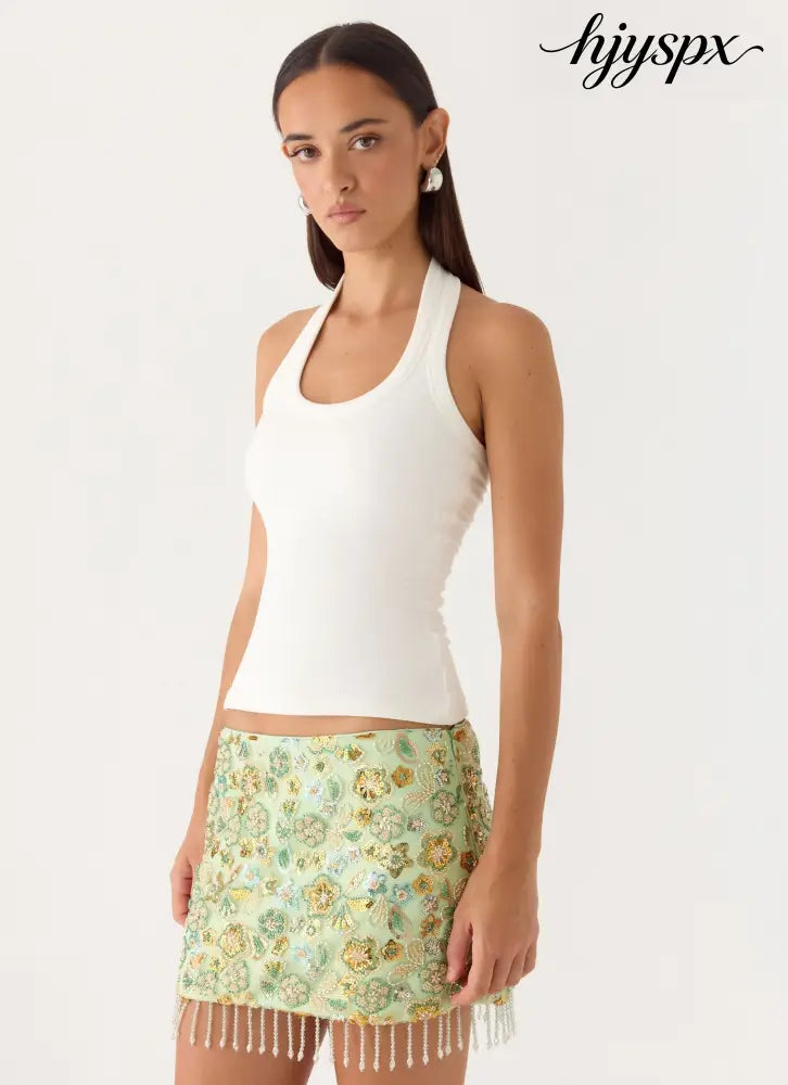 Bliss Beaded Mini Skirt - Lime - Mini Skirts