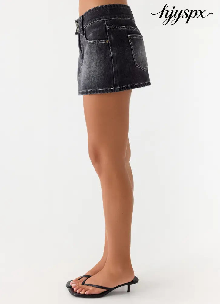 Nathan Super Low Rise Denim Mini Skirt - Washed Black - Denim Mini Skirts