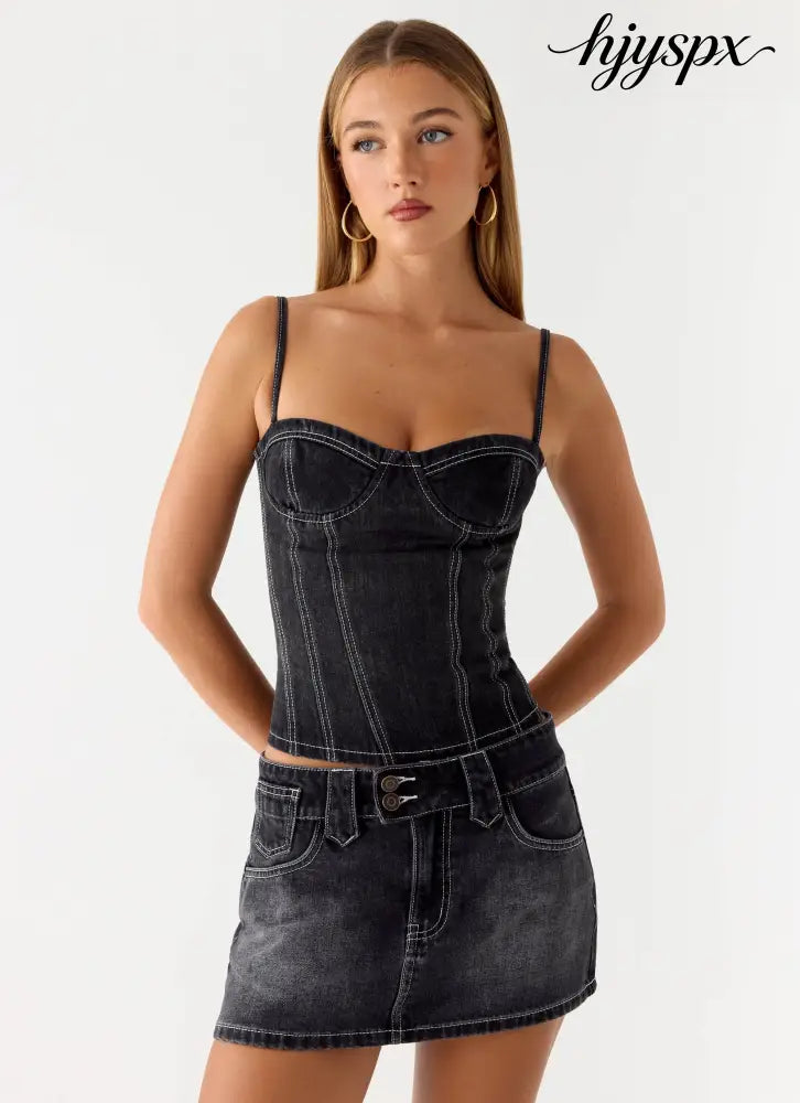 Nathan Super Low Rise Denim Mini Skirt - Washed Black - Denim Mini Skirts