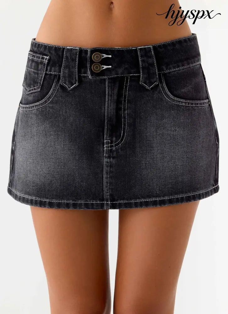 Nathan Super Low Rise Denim Mini Skirt - Washed Black - Denim Mini Skirts